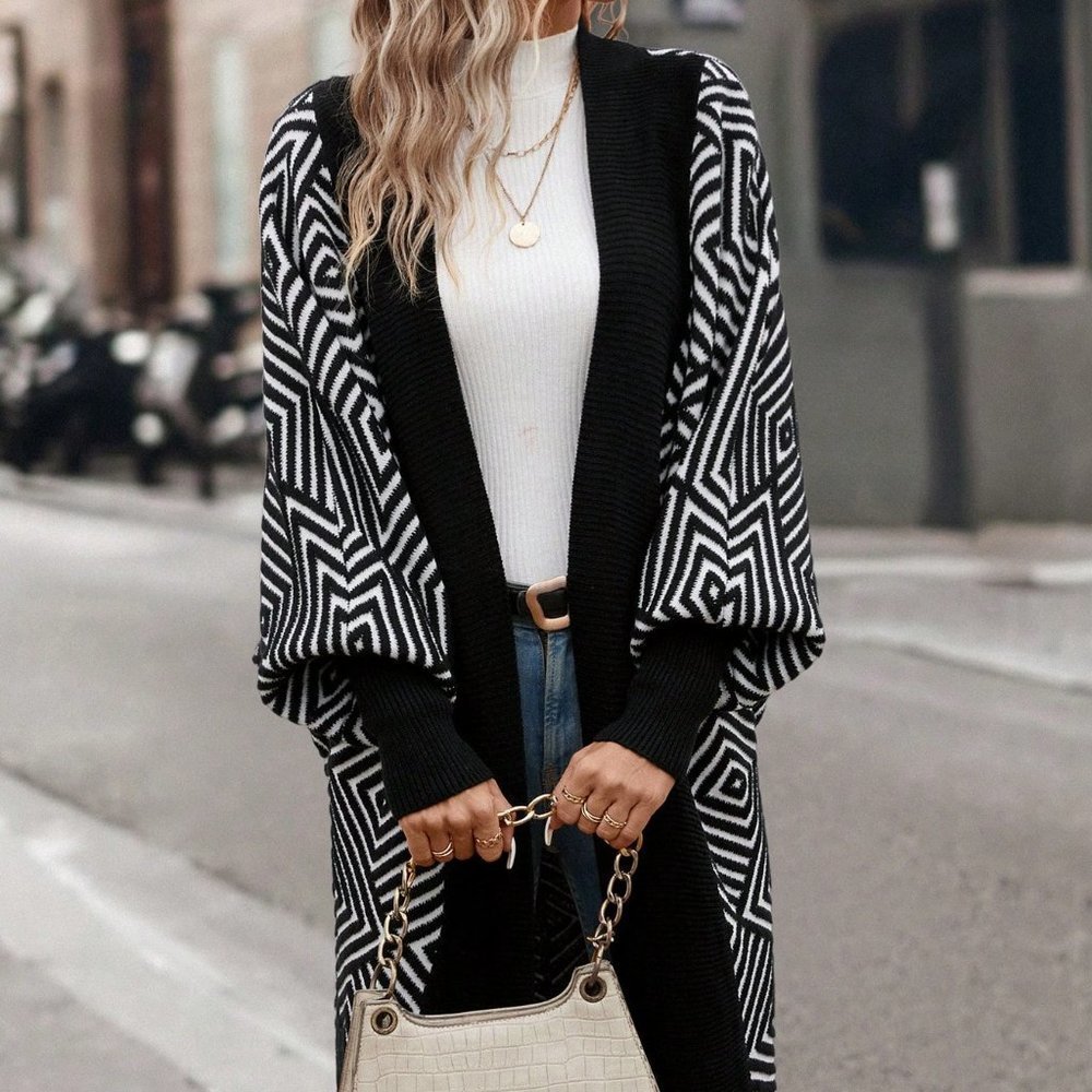 Black Casual Womens Geo Pattern Lantern Sleeve Duster Cardigan - Picture 5 of 6